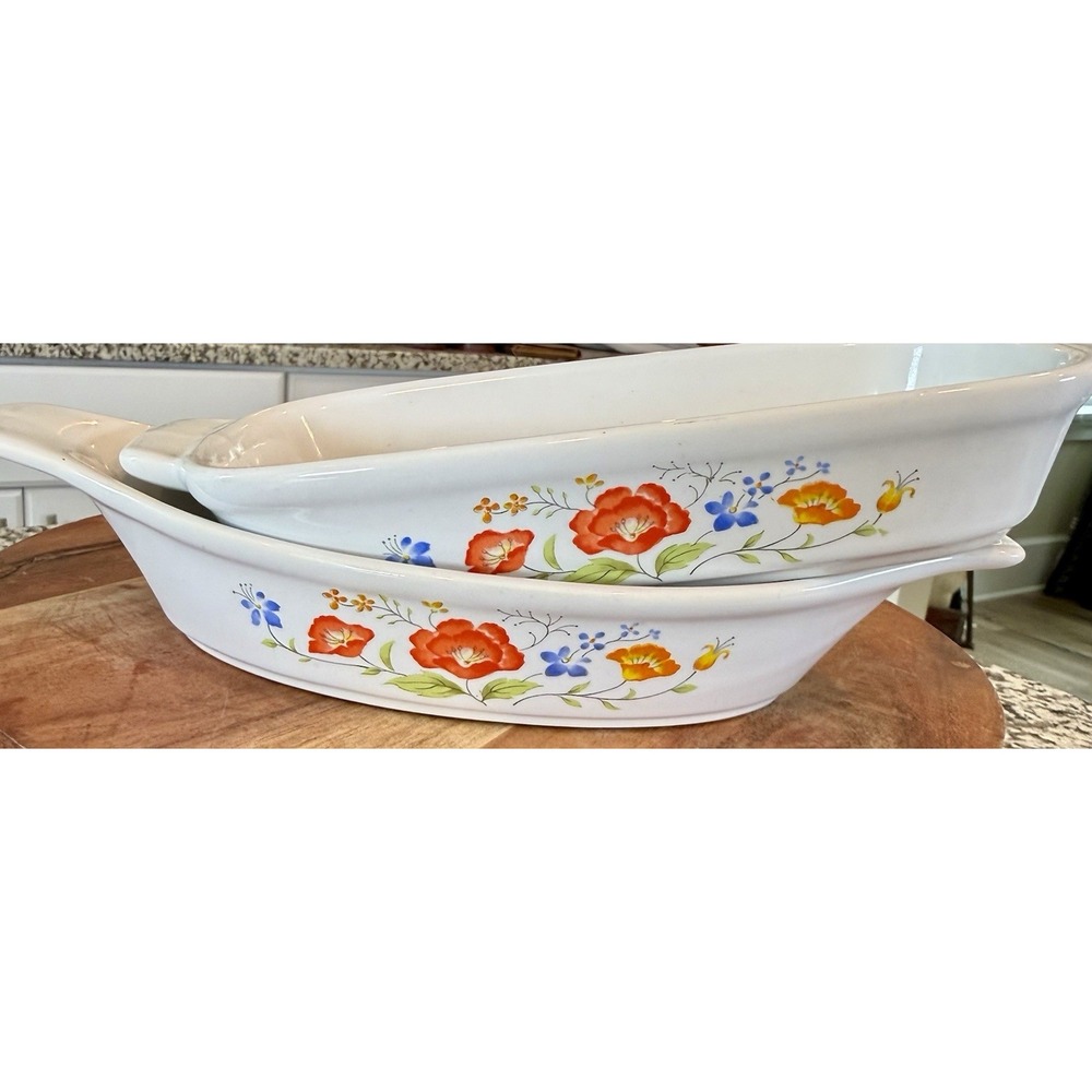 2 Vintage Floral Oven Proof Floral Ceramic Interpur  Japan  9x25" Handles 1970s